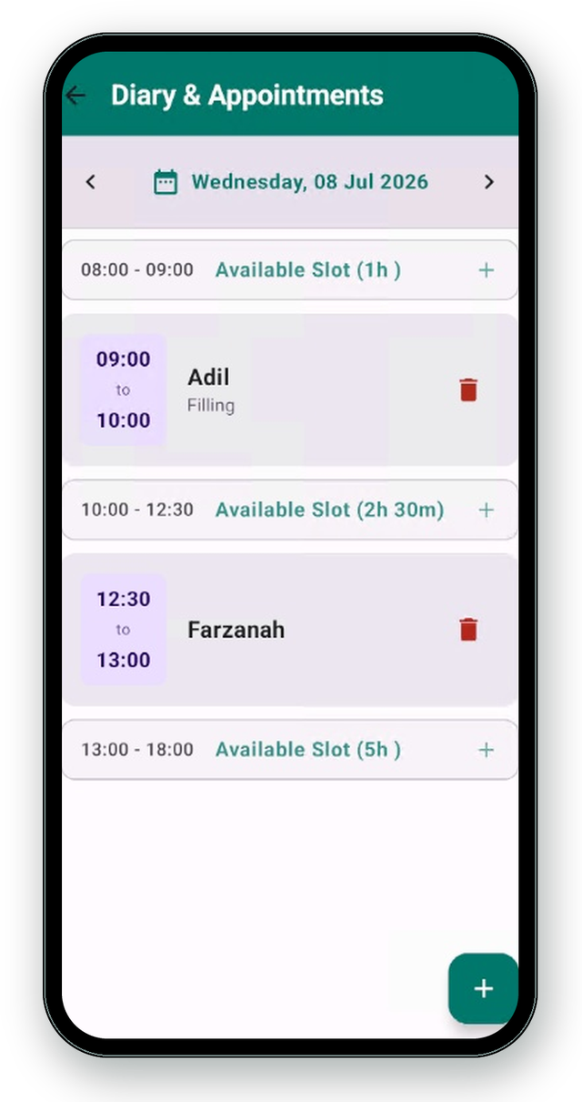 Diary and appointments screen with time slots