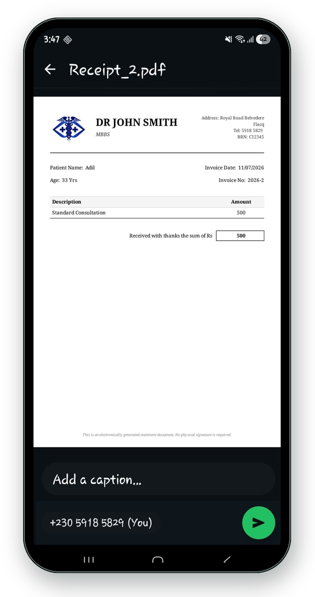 Professional PDF receipt with clinic letterhead